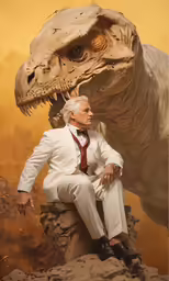 a man sitting on top of a large dinosaur wearing a suit