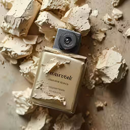 an old black and gold mini camera is seen on top of a white box