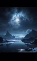 the moonlight sky is shining over mountains in the distance