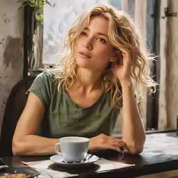 a blonde woman with a cup of tea sits at a table