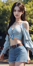 a woman posing for a picture in shorts