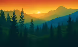 a painting of sunset over a forest with mountains and trees
