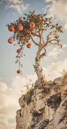 a tree on the side of a cliff with ripe fruit in it