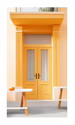 yellow painted door and bench in front of a house