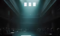 people sitting in a dark conference room at a table