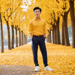 a young man in yellow shirt and dark pants standing on tree lined road