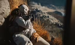 a person with a mask holding a camera