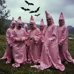 a group of people in pink coats posing for a photo