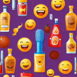 the background is filled with some orange juice and smiley faces,the image shows many different smiles and bottles