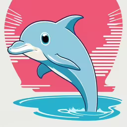 a dolphin jumping in the water with his mouth open,a cartoon dolphin swimming in a pool, with pink sunset in the background