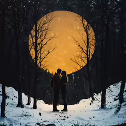 a couple under the moonlight with trees around them