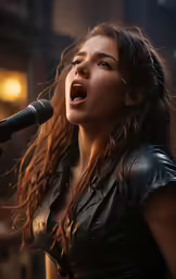 a woman singing into a microphone on stage