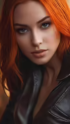 a woman with red hair with black leather jacket