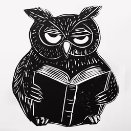 an owl sitting down and reading a book,an owl reading a book with eyes wide open