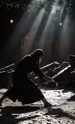 a woman kneeling on a dirty street with sunlight beaming through the roof