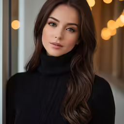 a woman with long brown hair wearing a black turtle neck sweater