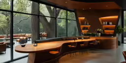 a long desk and some chairs by a window