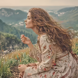 a girl sitting on the ground looking at some flowers