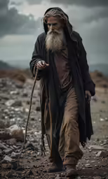 a bearded monk is walking through some rocks