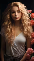 blonde woman wearing a white shirt and floral arrangement,woman with long blond hair and roses on her shoulder