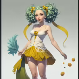girl in dress in surreal artwork of woman with green hair and yellow ribbon