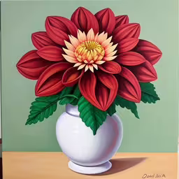 a painting of a flower in a white vase,a picture of a white vase with some flowers in it