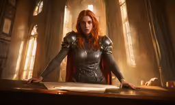 a woman in leather is seated at a desk