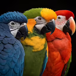 three multicolored parrots are sitting next to each other