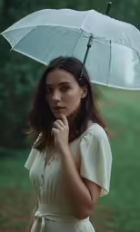 an asian woman holds a clear umbrella while standing in the rain