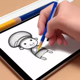 a person with a pencil drawing on a tablet computer,a person is holding a pencil while drawing