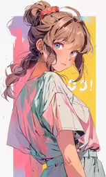 a anime character with long hair standing next to a yellow background