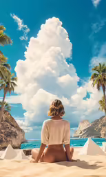 a woman sitting on the beach with her arms in the air and palm trees behind her