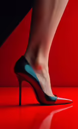 woman in high heel shoes standing on a red table