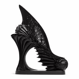 a black sculpture is standing up in a white background