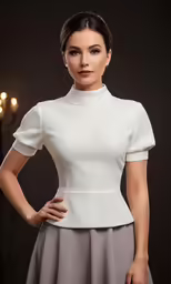 a young woman in a white and grey top and skirt