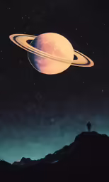 a painting of a man on a hill looking at saturn