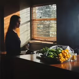 a person standing in front of a counter with some fruits and vegetables