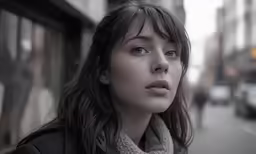 a woman looking off into the distance on a city street