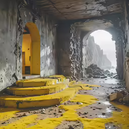 yellow pipes and concrete and stone walls inside an old, ruined building