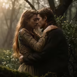 two people hug each other in a forest
