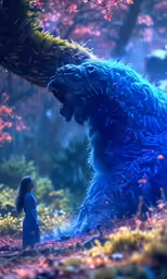 the person is watching the big blue furry animal