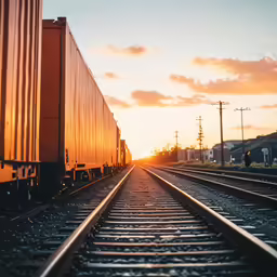 a train track with some train cars and poles in the background