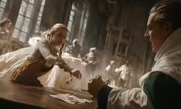 a man handing something to a woman sitting at a table