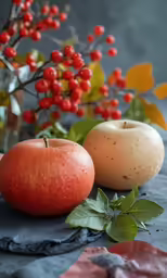 two apples and an orange with red berries in a vase