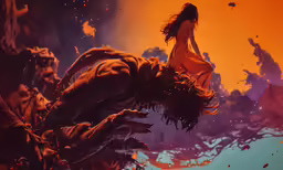 a woman wearing an orange dress is in the foreground of a fiery orange background