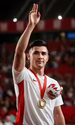 a man standing with his hand up and waving