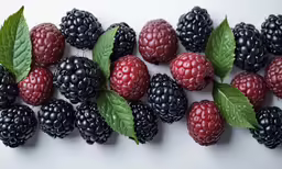 black raspberries with leaf on white table