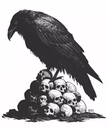 the crow sits on top of a pile of skulls,a large black bird sitting on top of skulls