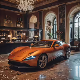 an orange sports car parked inside a house