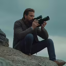 a man with a beard is using a camera on top of a rock